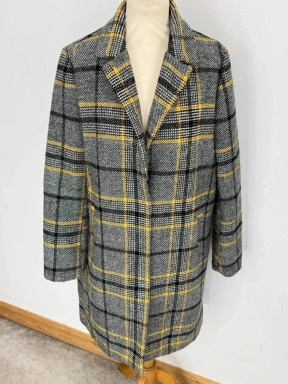 QED London Grey & Yellow Checked Wool Blend Coat  12